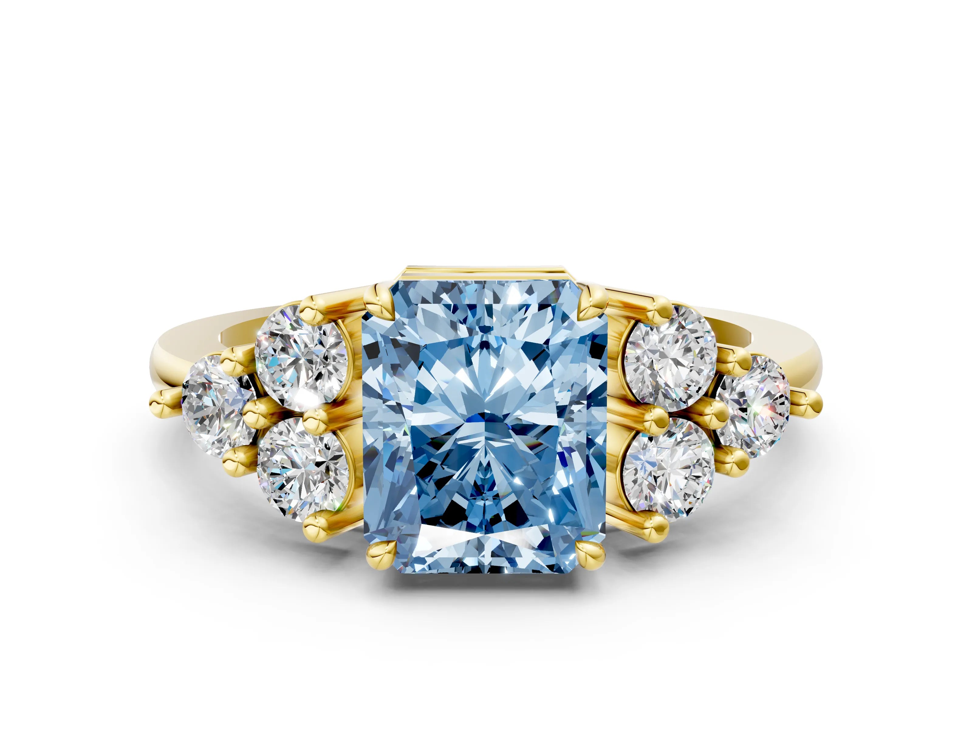 Yellow gold Fancy Blue Radiant Cut Brilliant Diamond Cluster Accent Solitaire Ring with Prong Setting