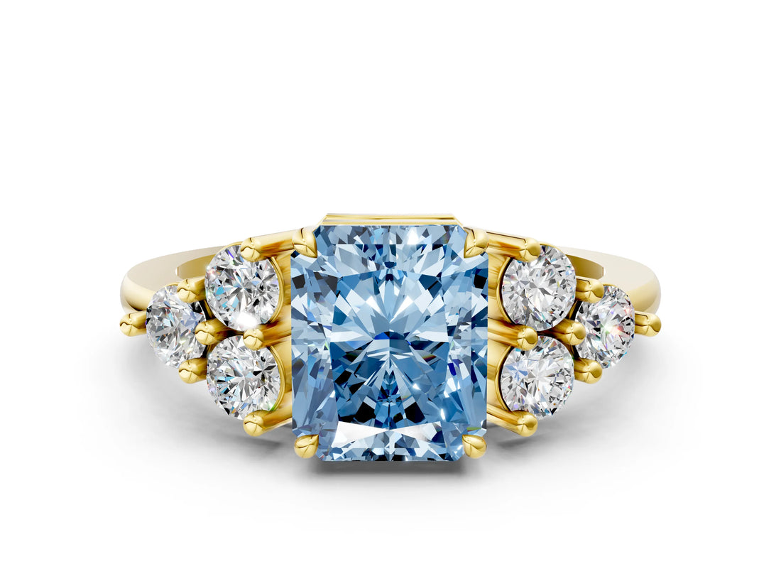 Yellow gold Fancy Blue Radiant Cut Brilliant Diamond Cluster Accent Solitaire Ring with Prong Setting