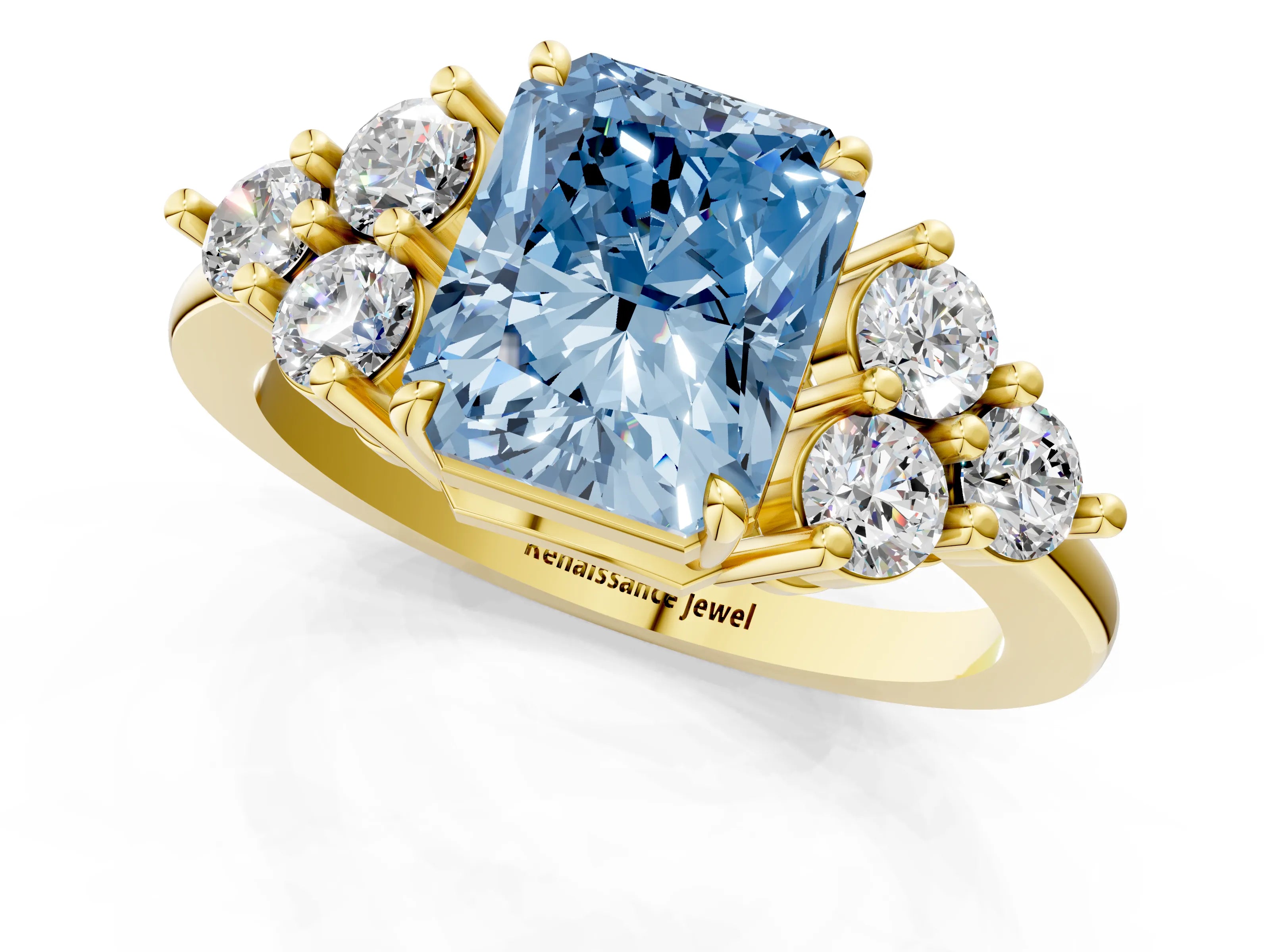 Yellow gold Fancy Blue Radiant Cut Brilliant Diamond Cluster Accent Solitaire Ring with Prong Setting_1