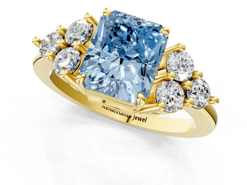 Yellow gold Fancy Blue Radiant Cut Brilliant Diamond Cluster Accent Solitaire Ring with Prong Setting_1