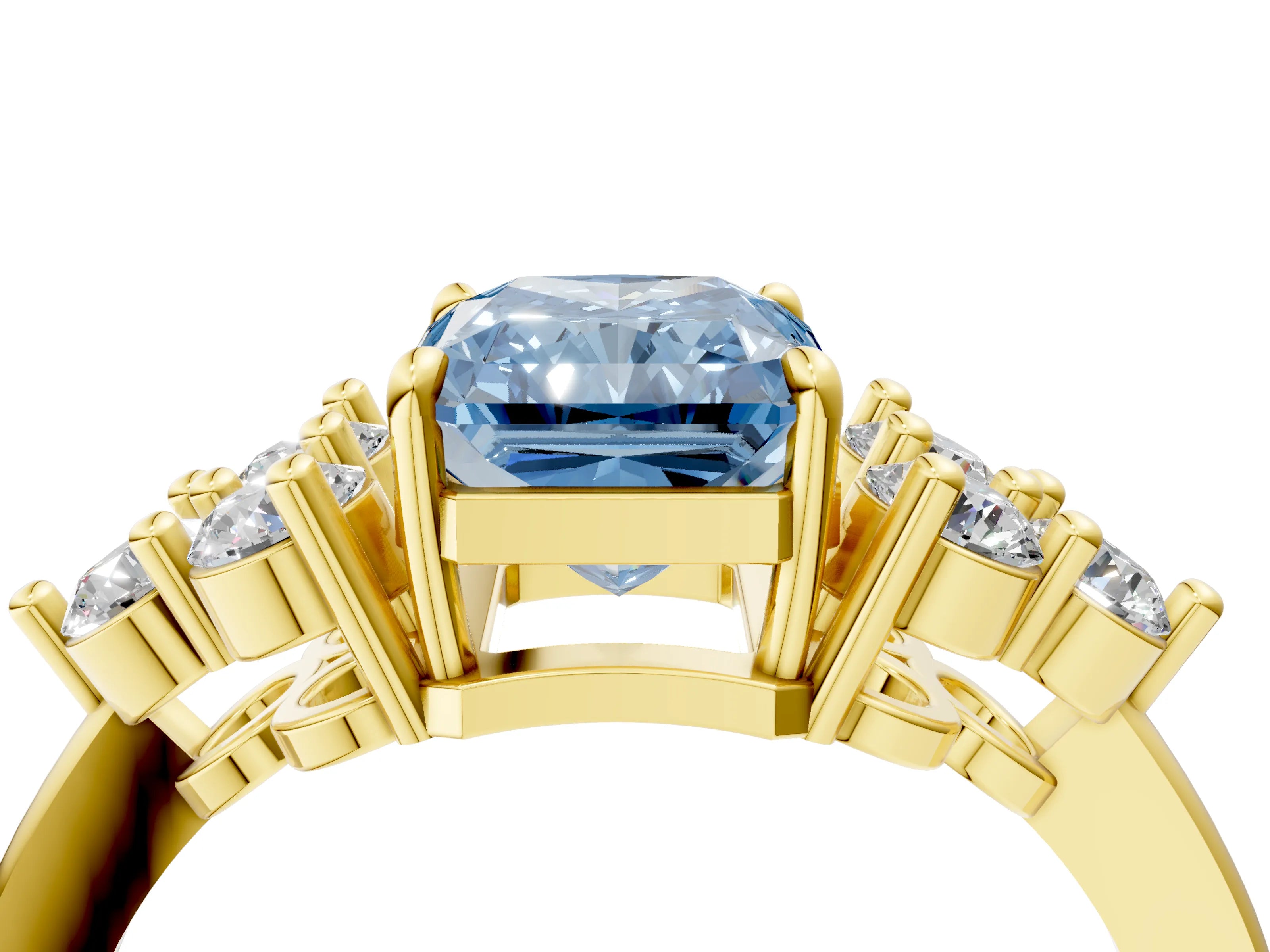 Yellow gold Fancy Blue Radiant Cut Brilliant Diamond Cluster Accent Solitaire Ring with Prong Setting_4
