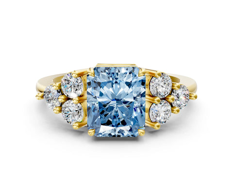 Yellow gold Fancy Blue Radiant Cut Brilliant Diamond Cluster Accent Solitaire Ring with Prong Setting