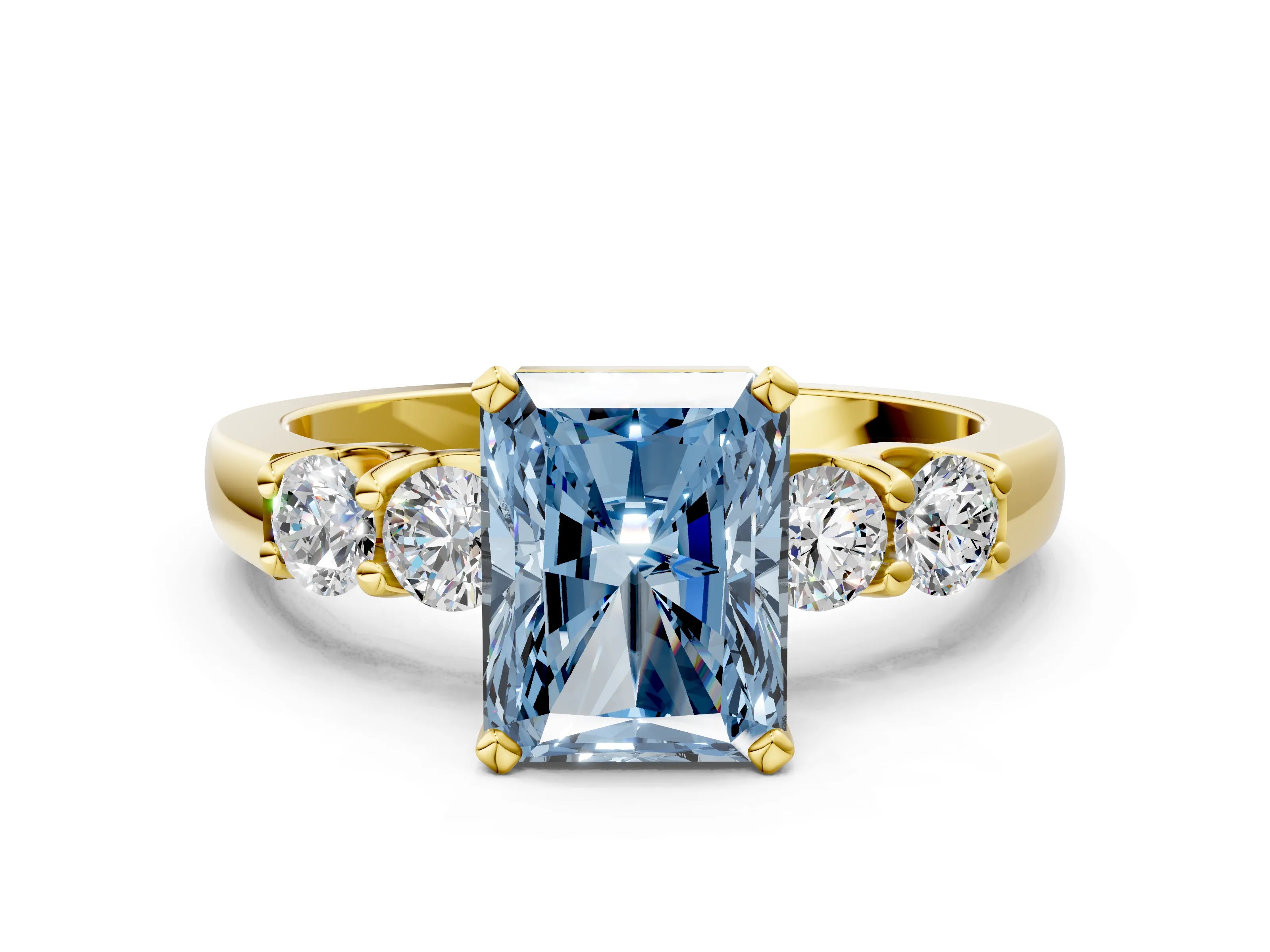 Yellow gold Fancy Blue Radiant Cut Brilliant Diamond Five-Stone Engagement Ring with Prong Setting on a Classic Band_3