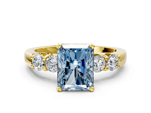 Yellow gold Fancy Blue Radiant Cut Brilliant Diamond Five-Stone Engagement Ring with Prong Setting on a Classic Band_3