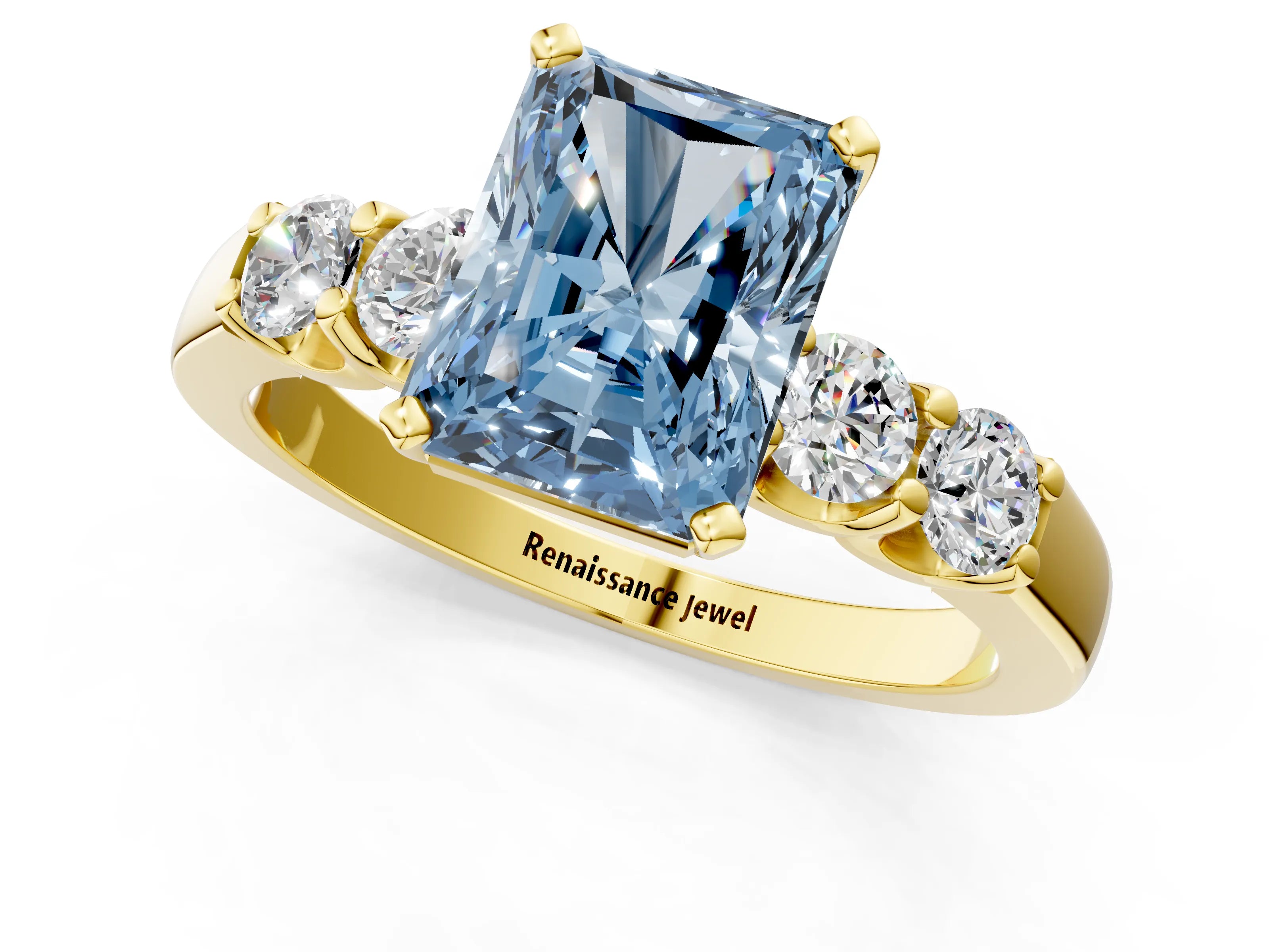 Yellow gold Fancy Blue Radiant Cut Brilliant Diamond Five-Stone Engagement Ring with Prong Setting on a Classic Band_4