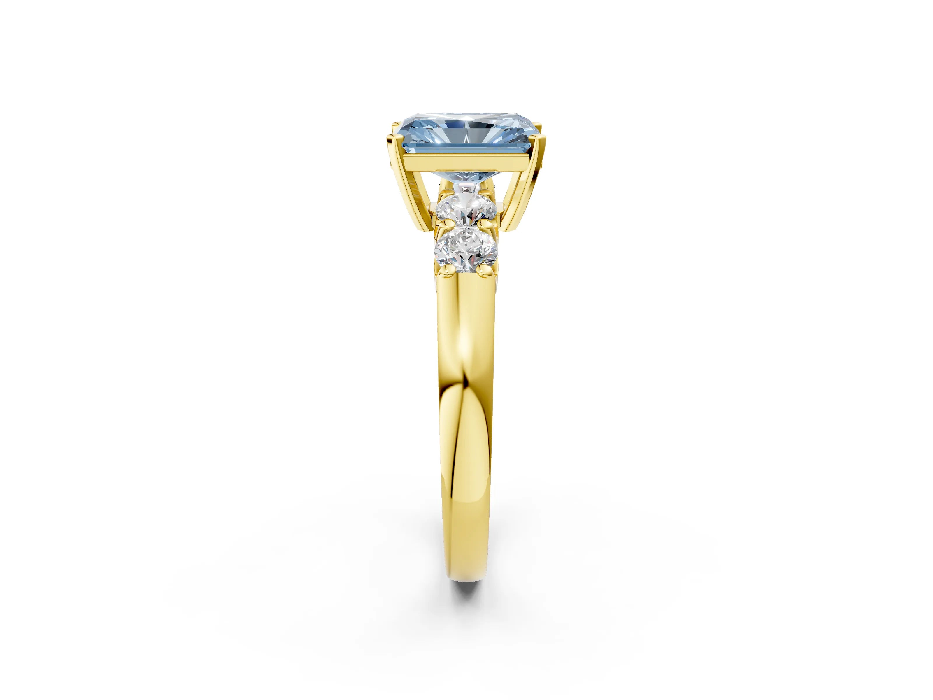 Yellow gold Fancy Blue Radiant Cut Brilliant Diamond Five-Stone Engagement Ring with Prong Setting on a Classic Band_5