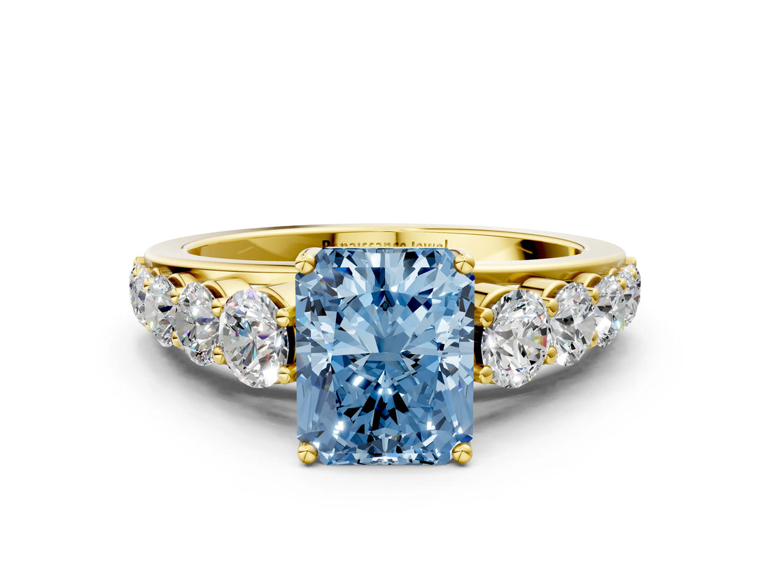 Yellow gold Fancy Blue Radiant Cut Brilliant Diamond Pavé Band with Six-Prong Setting