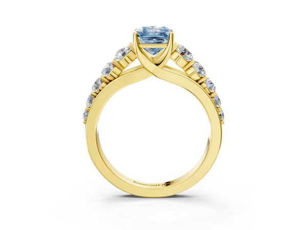 Yellow gold Fancy Blue Radiant Cut Brilliant Diamond Pavé Band with Six-Prong Setting