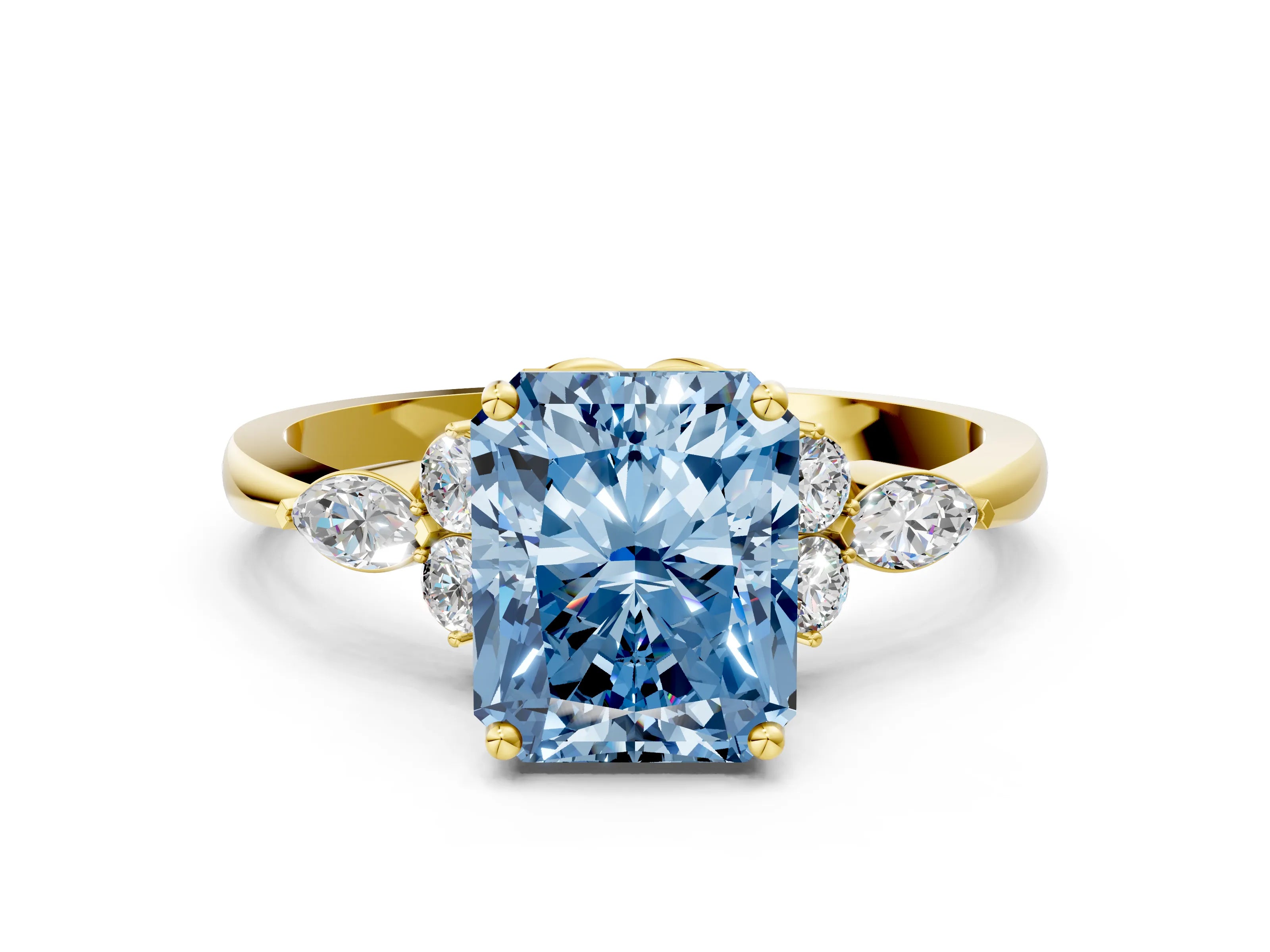 Yellow gold Fancy Blue Radiant Cut Brilliant Diamond Solitaire Ring with Pear Side Stones and Four-Prong Setting_3
