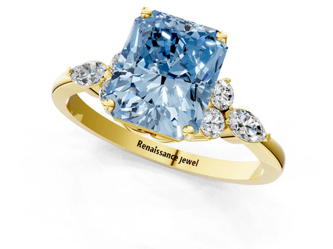 Yellow gold Fancy Blue Radiant Cut Brilliant Diamond Solitaire Ring with Pear Side Stones and Four-Prong Setting_4
