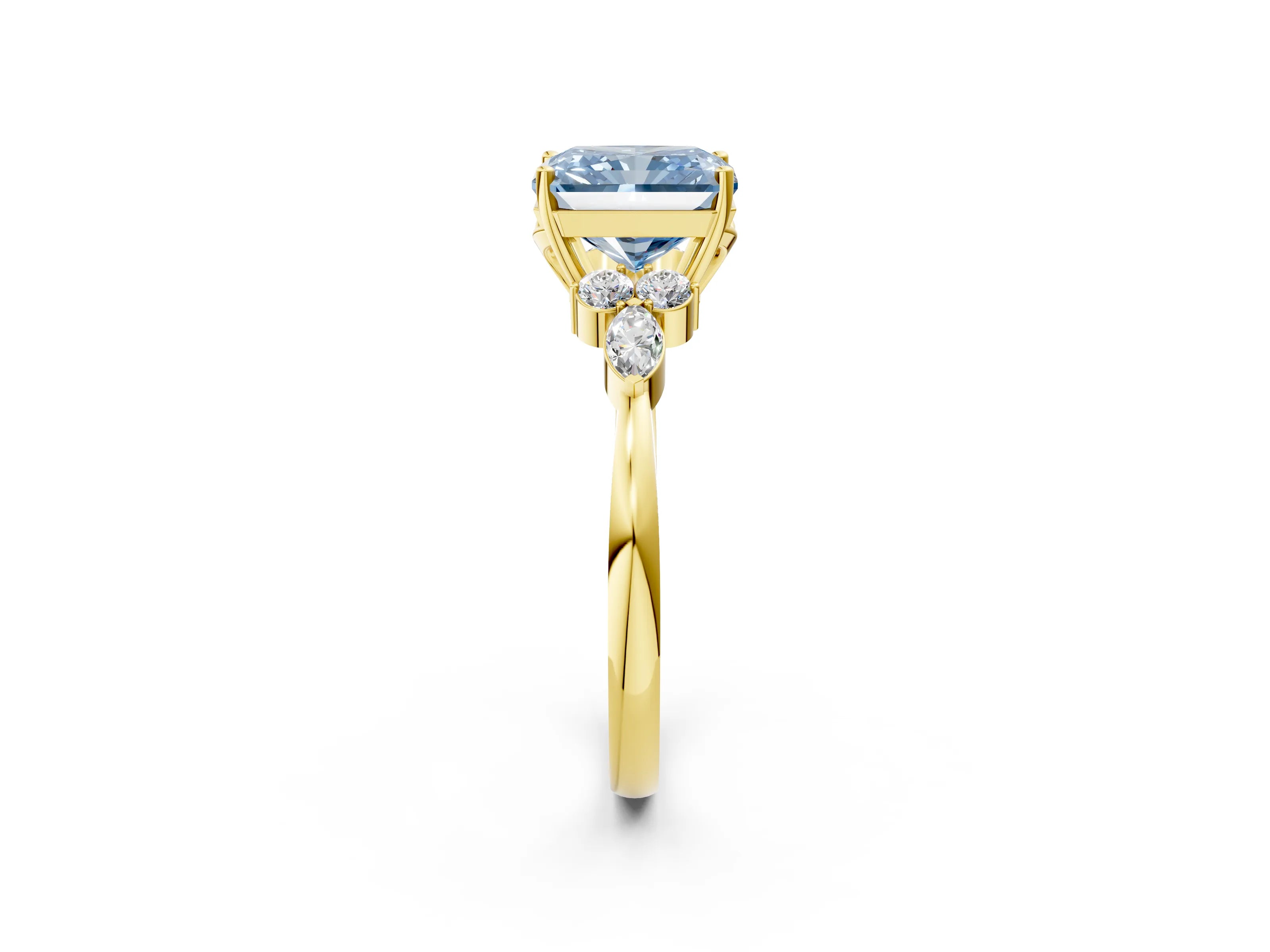Yellow gold Fancy Blue Radiant Cut Brilliant Diamond Solitaire Ring with Pear Side Stones and Four-Prong Setting_5