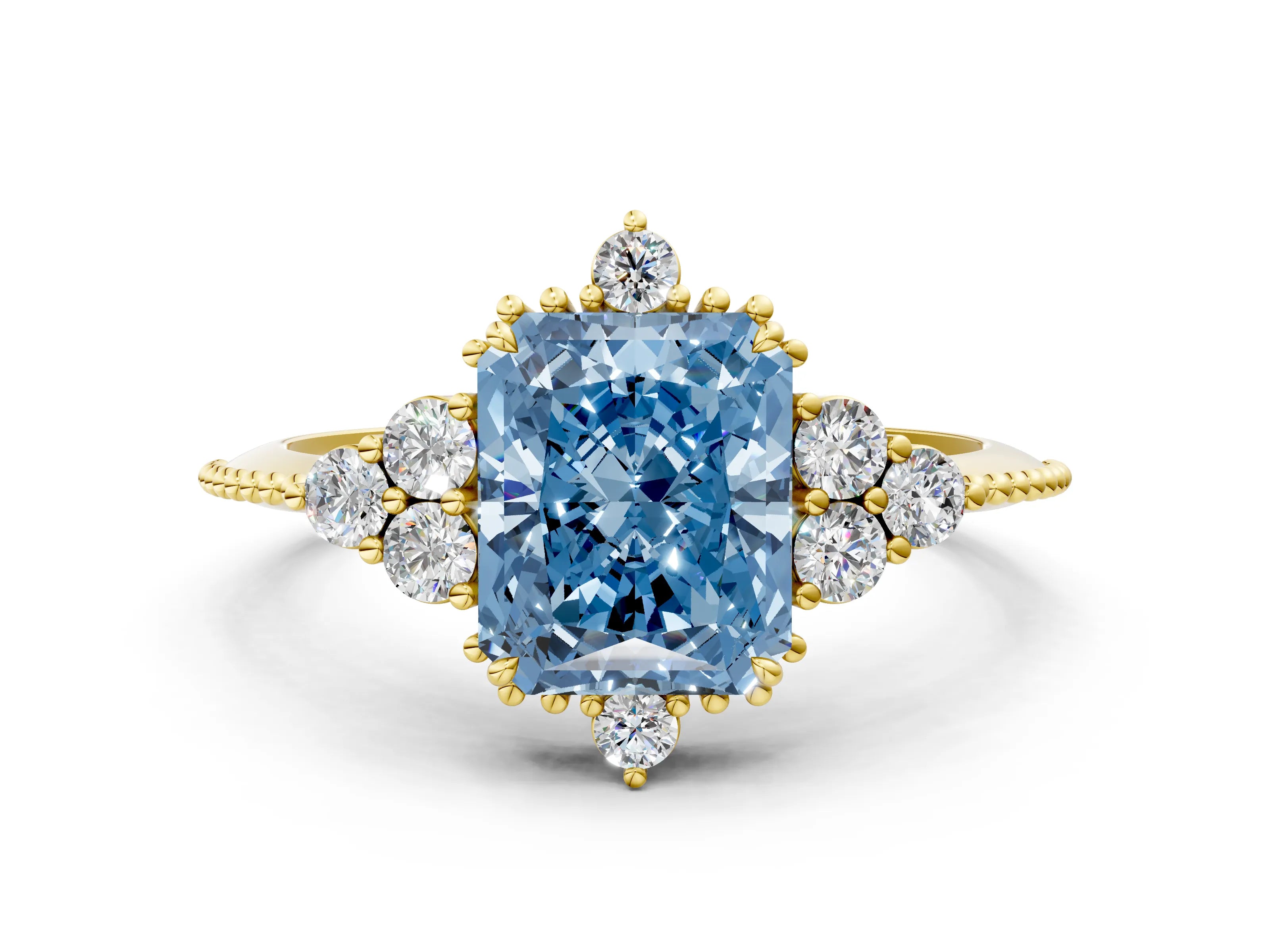Yellow gold Fancy Blue Radiant Cut Brilliant Diamond with Cluster Setting on a Beaded Band and Four-Prong Setting