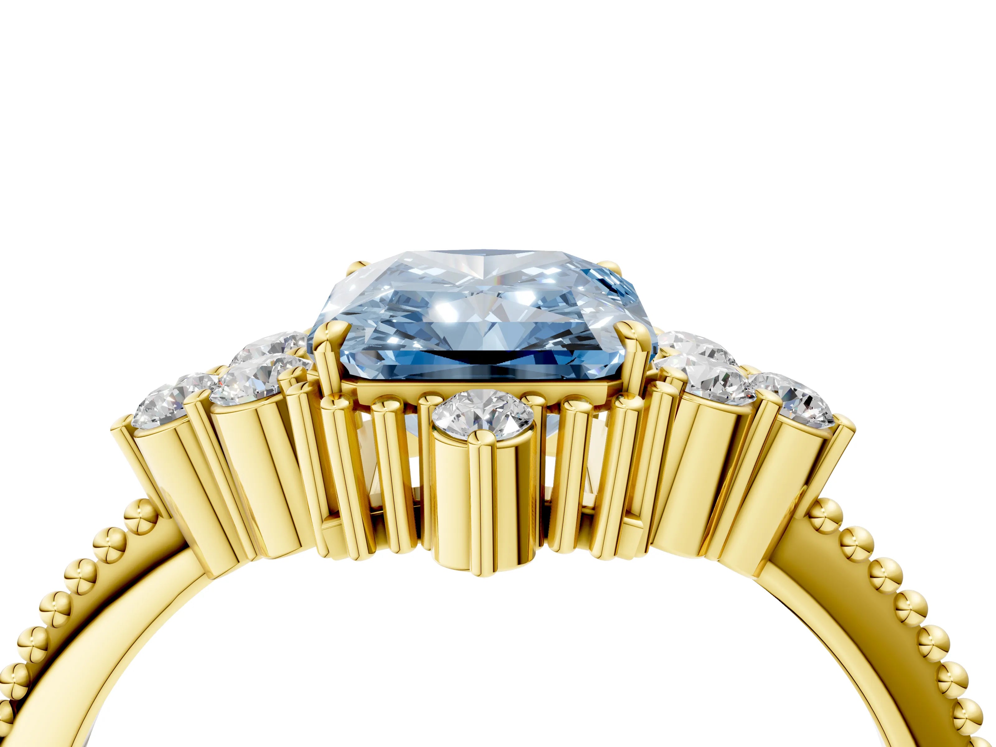 Yellow gold Fancy Blue Radiant Cut Brilliant Diamond with Cluster Setting on a Beaded Band and Four-Prong Setting_4