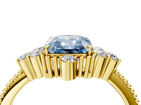 Yellow gold Fancy Blue Radiant Cut Brilliant Diamond with Cluster Setting on a Beaded Band and Four-Prong Setting_4
