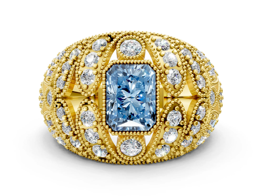 Yellow gold Fancy Blue Radiant Cut Brilliant Halo Pave Diamond Milgrain Ring