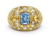 Yellow gold Fancy Blue Radiant Cut Brilliant Halo Pave Diamond Milgrain Ring