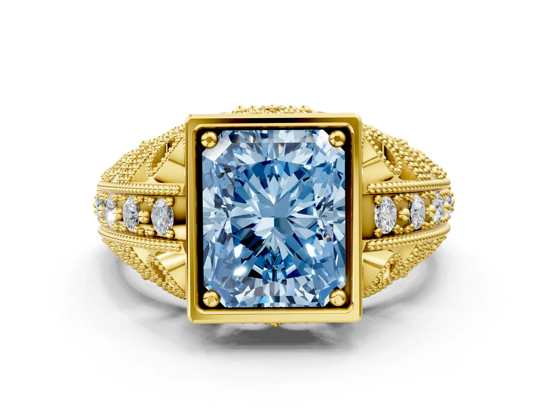 Yellow gold Fancy Blue Radiant Cut Brilliant Milgrain Filigree Diamond Ring with Square Prong Setting