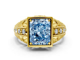 Yellow gold Fancy Blue Radiant Cut Brilliant Milgrain Filigree Diamond Ring with Square Prong Setting