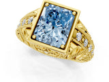 Yellow gold Fancy Blue Radiant Cut Brilliant Milgrain Filigree Diamond Ring with Square Prong Setting_1