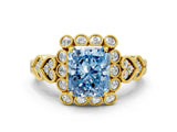 Yellow gold Fancy Blue Radiant Cut Brilliant Milgrain Pave Heart Band Solitaire Ring