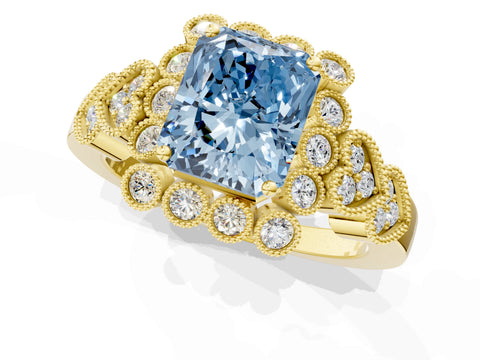 Yellow gold Fancy Blue Radiant Cut Brilliant Milgrain Pave Heart Band Solitaire Ring_1