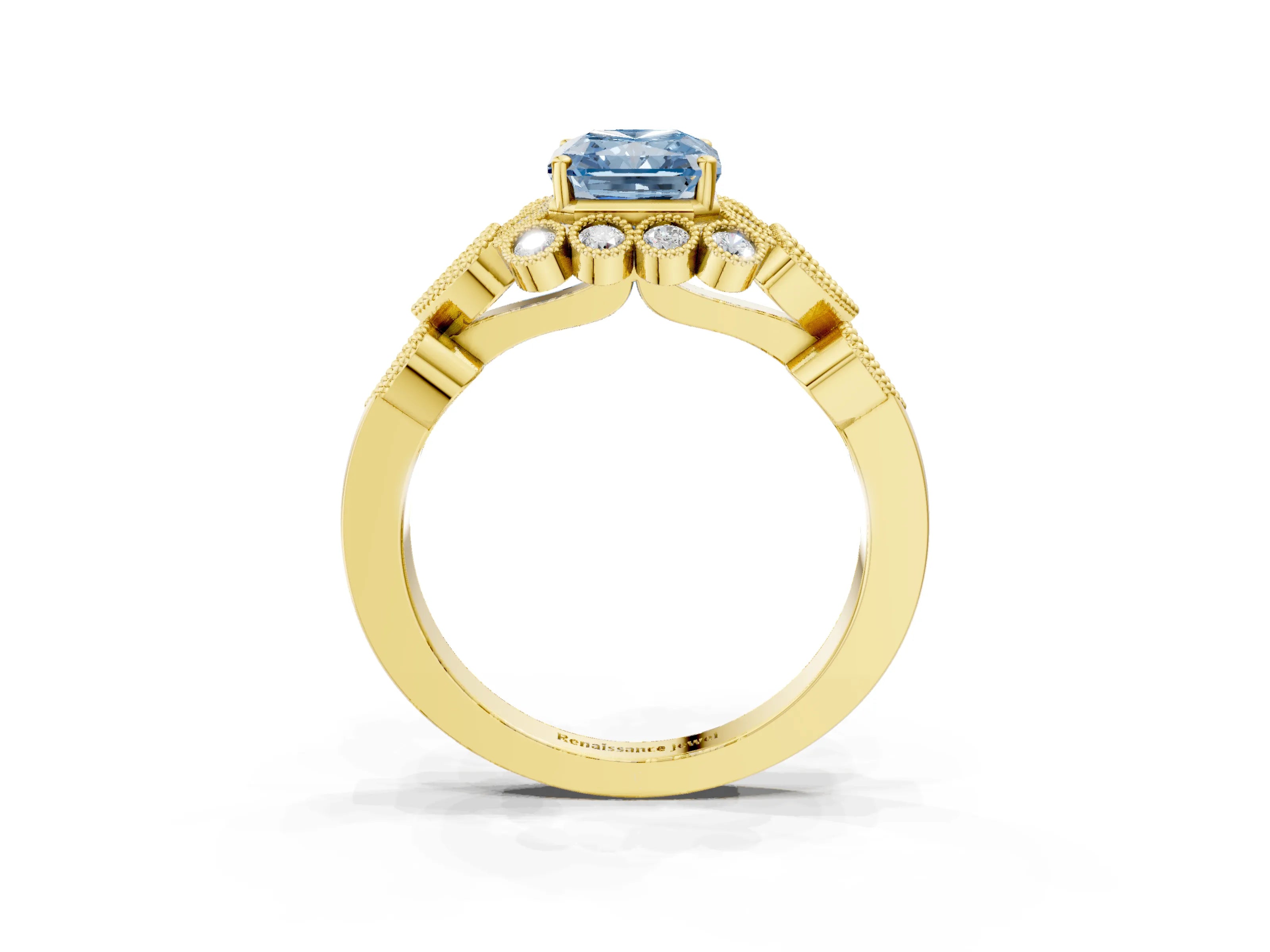 Yellow gold Fancy Blue Radiant Cut Brilliant Milgrain Pave Heart Band Solitaire Ring_3