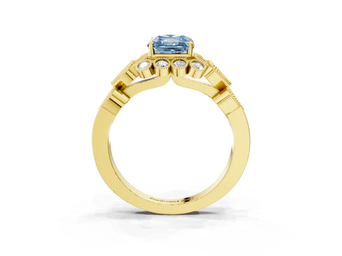 Yellow gold Fancy Blue Radiant Cut Brilliant Milgrain Pave Heart Band Solitaire Ring_3