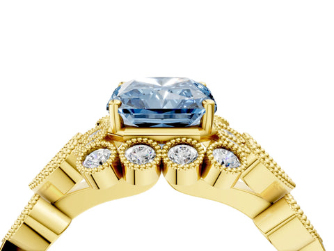 Yellow gold Fancy Blue Radiant Cut Brilliant Milgrain Pave Heart Band Solitaire Ring_4