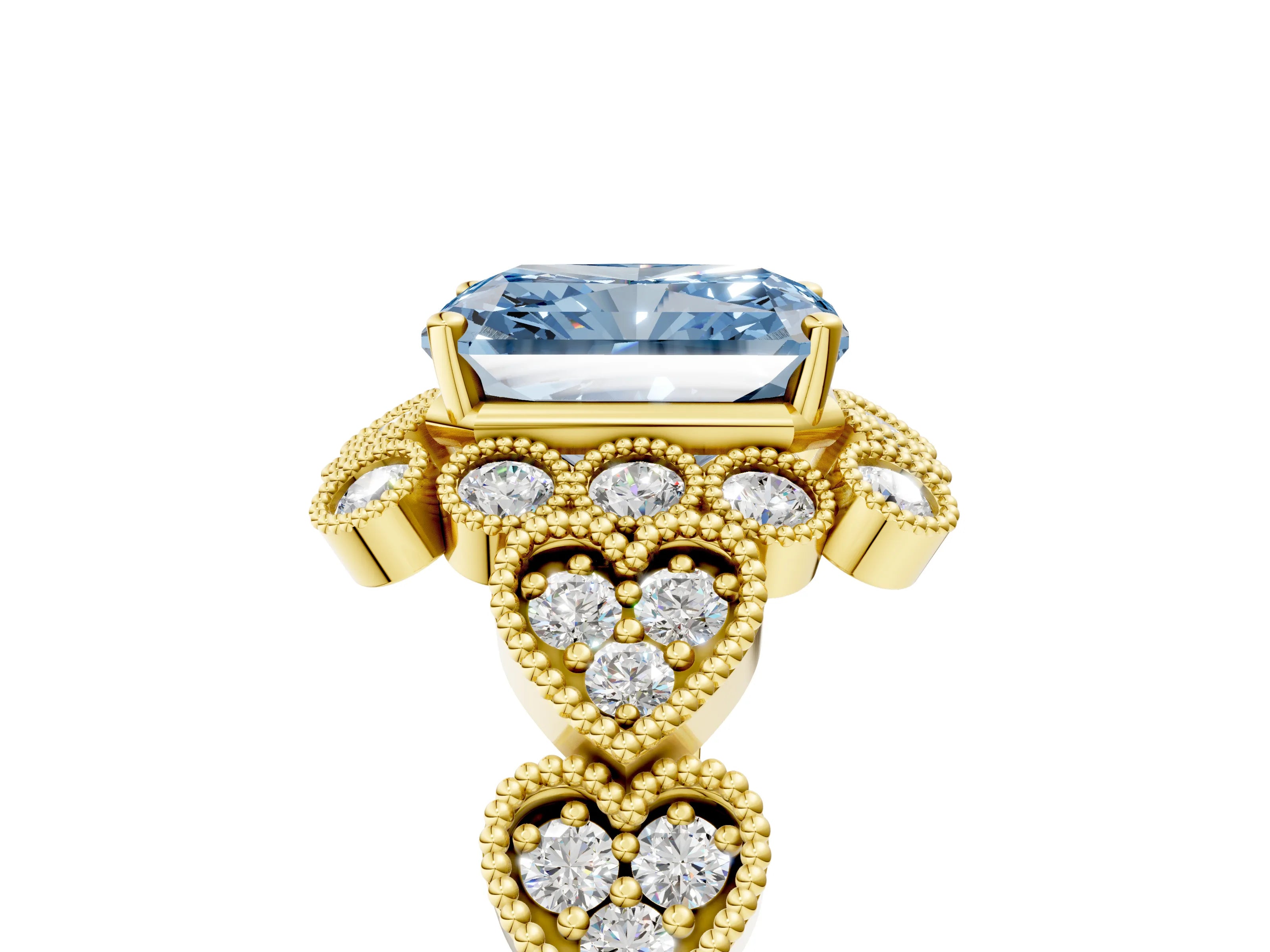 Yellow gold Fancy Blue Radiant Cut Brilliant Milgrain Pave Heart Band Solitaire Ring_5