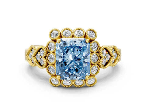 Yellow gold Fancy Blue Radiant Cut Brilliant Milgrain Pave Heart Band Solitaire Ring