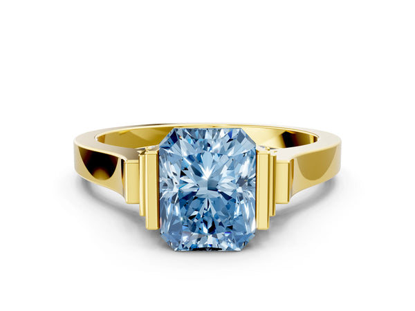 Yellow gold Fancy Blue Radiant Cut Brilliant Solitaire Diamond Ring with Channel Set Band and Bar Prong Setting