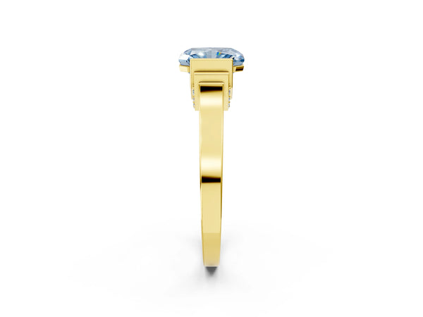 Yellow gold Fancy Blue Radiant Cut Brilliant Solitaire Diamond Ring with Channel Set Band and Bar Prong Setting