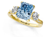 Yellow gold Fancy Blue Radiant Cut Brilliant Three-Stone Diamond Ring with Pavé Band and Four-Prong Setting_4