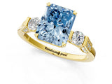 Yellow gold Fancy Blue Radiant Cut Brilliant Three-Stone Pave Band with Four-Prong Setting_1