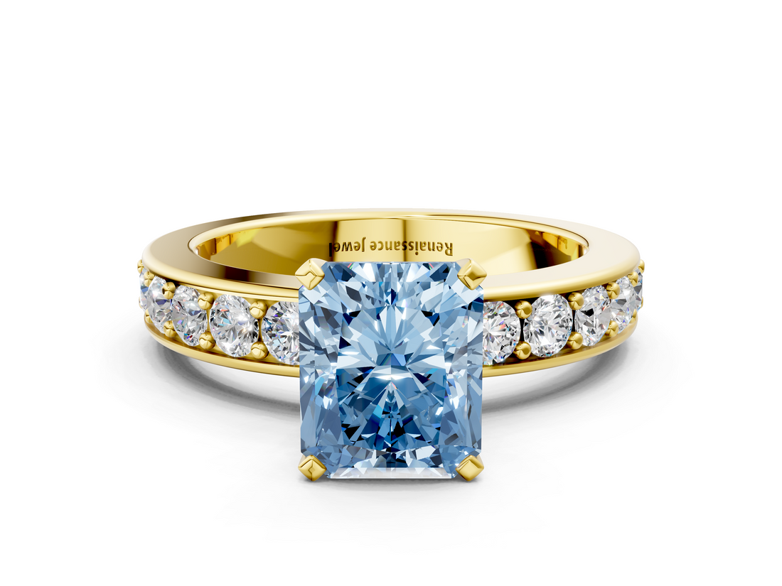 Yellow gold Fancy Blue Radiant  Cut Channel Set Diamond Engagement Ring with Four-Prong Setting_235