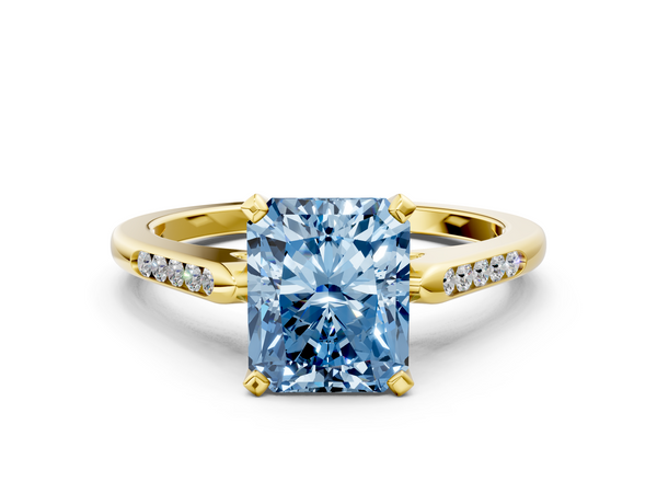 Yellow gold Fancy Blue Radiant  Cut Channel Set Solitaire Engagement Ring with Four-Prong Setting