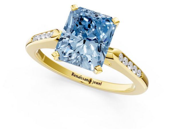 Yellow gold Fancy Blue Radiant  Cut Channel Set Solitaire Engagement Ring with Four-Prong Setting