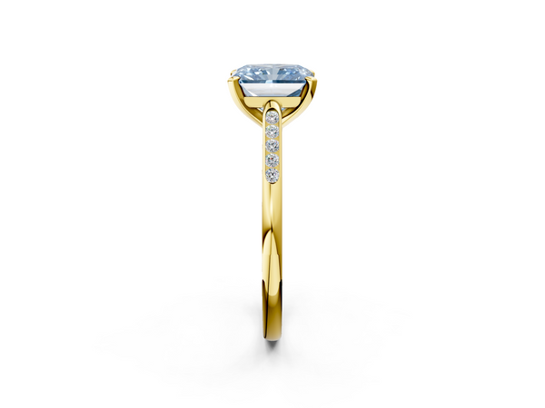 Yellow gold Fancy Blue Radiant  Cut Channel Set Solitaire Engagement Ring with Four-Prong Setting