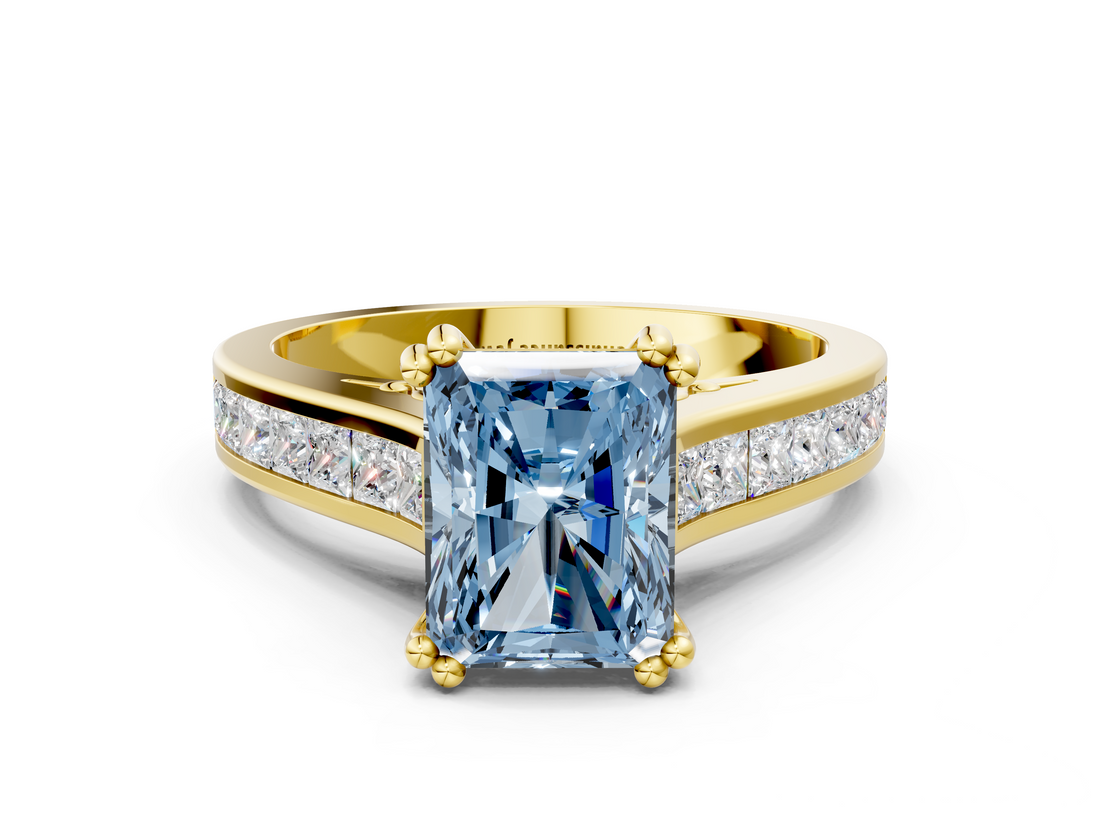 Yellow gold Fancy Blue Radiant  Cut Channel Set Solitaire Engagement Ring with Prong Setting_20