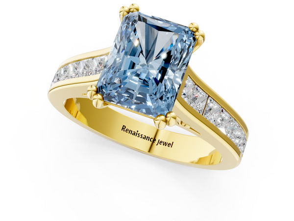 Yellow gold Fancy Blue Radiant  Cut Channel Set Solitaire Engagement Ring with Prong Setting