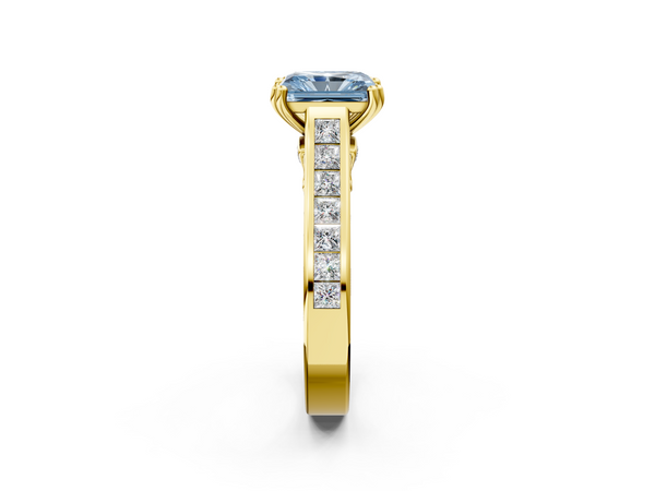 Yellow gold Fancy Blue Radiant  Cut Channel Set Solitaire Engagement Ring with Prong Setting