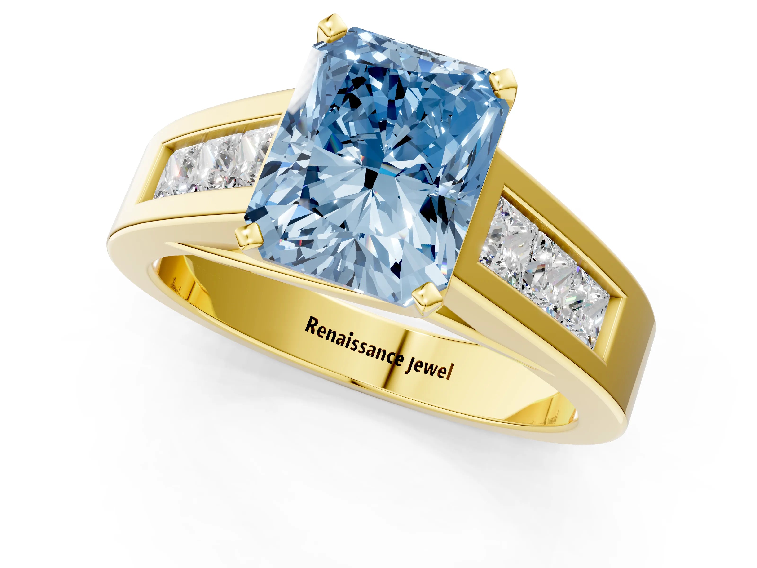 Yellow gold Fancy Blue Radiant Cut Cut Channel Set Solitaire Ring with Four-Prong Setting_1