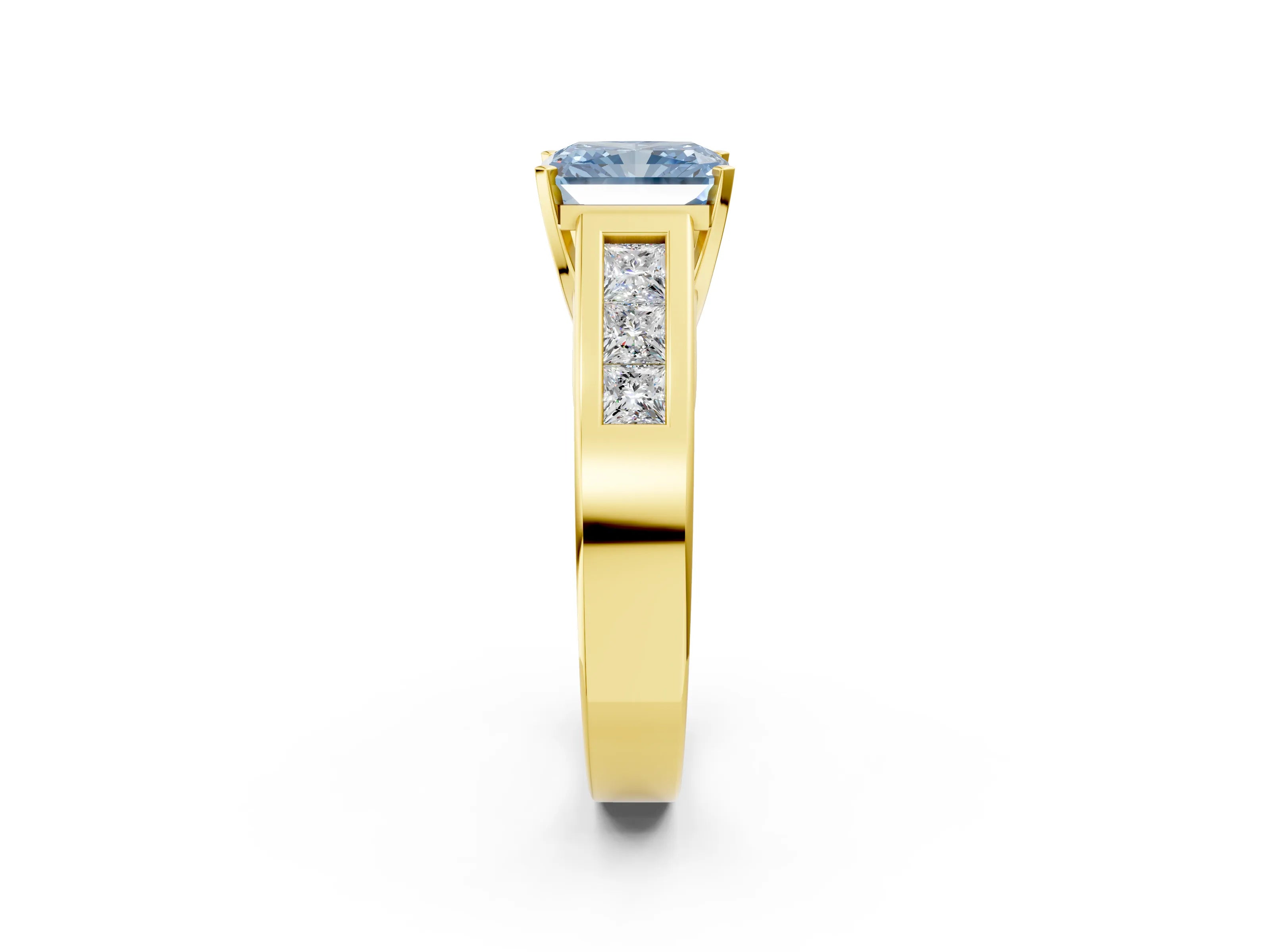 Yellow gold Fancy Blue Radiant Cut Cut Channel Set Solitaire Ring with Four-Prong Setting_2