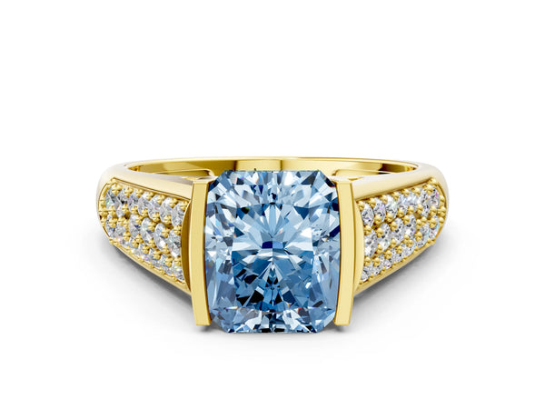 Yellow gold Fancy Blue Radiant Cut Diamond Channel Set Pave Band with Tension Prong Setting