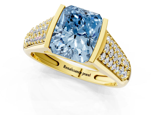 Yellow gold Fancy Blue Radiant Cut Diamond Channel Set Pave Band with Tension Prong Setting