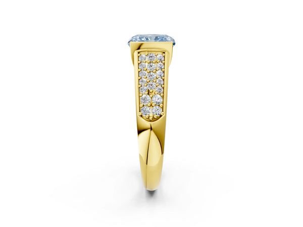 Yellow gold Fancy Blue Radiant Cut Diamond Channel Set Pave Band with Tension Prong Setting