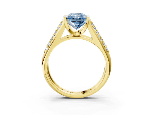 Yellow gold Fancy Blue Radiant Cut Diamond Channel Set Pave Band with Tension Prong Setting