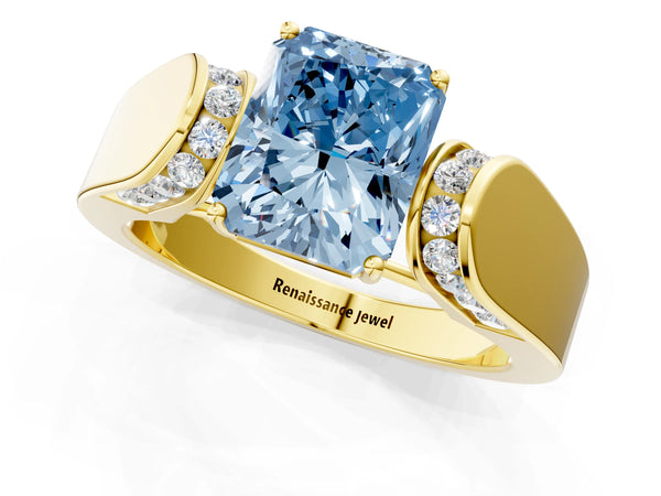 Yellow gold Fancy Blue Radiant Cut Cut Diamond Channel Set Solitaire Ring with Four-Prong Setting