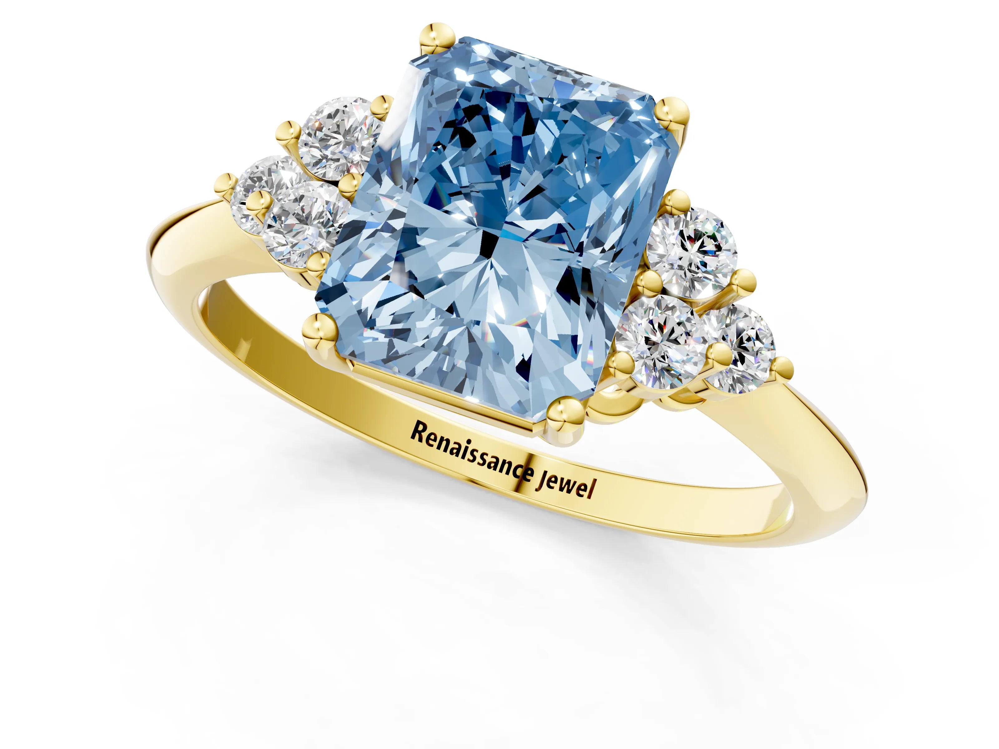 Yellow gold Fancy Blue Radiant Cut Cut Diamond Cluster Ring with Solitaire Band and Four-Prong Setting_1