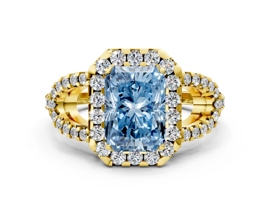 Yellow gold Fancy Blue Radiant Cut Cut Diamond Halo Engagement Ring with Open Split Pavé Band